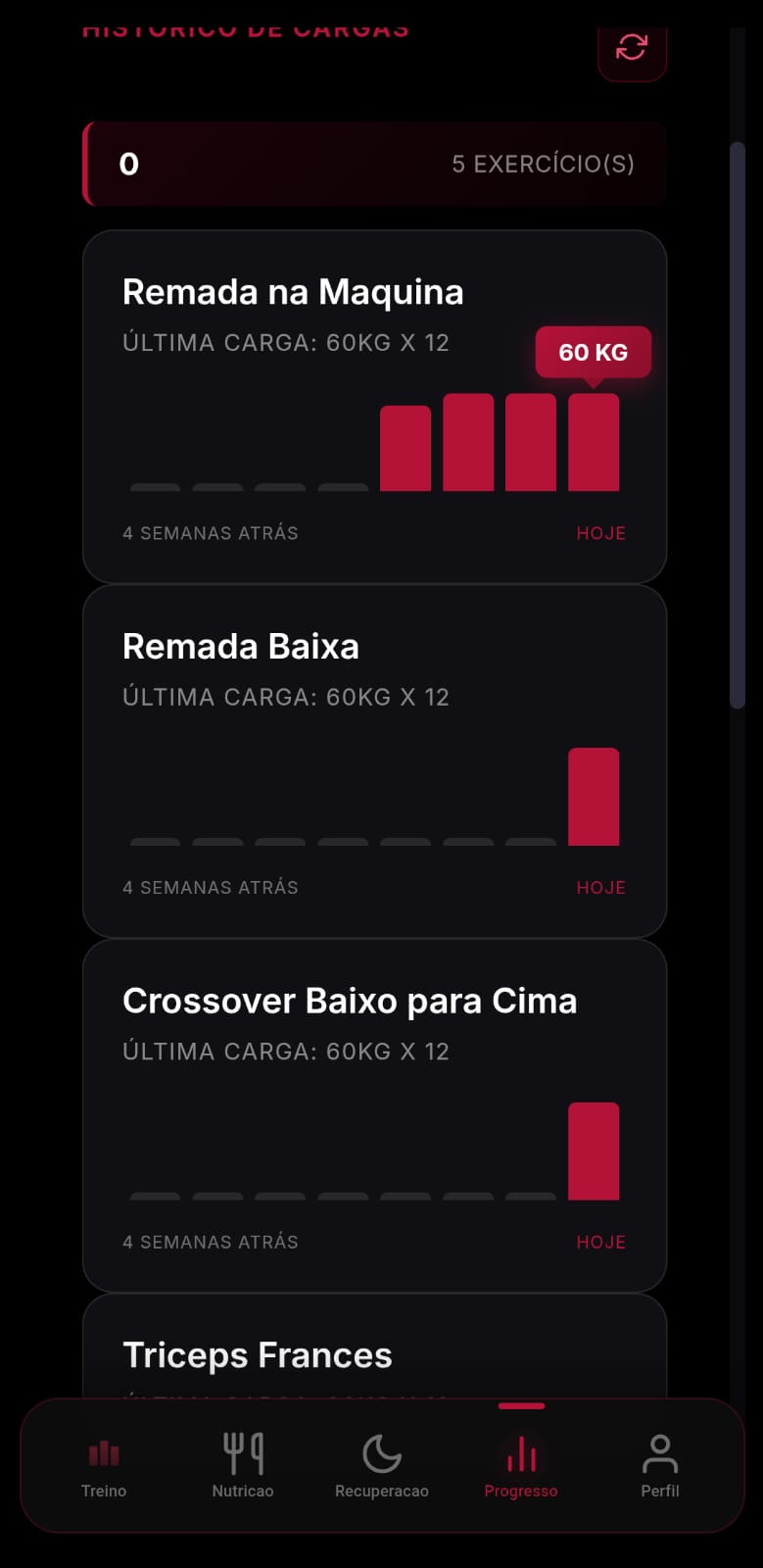 Tela do app do aluno mostrando histórico de cargas
