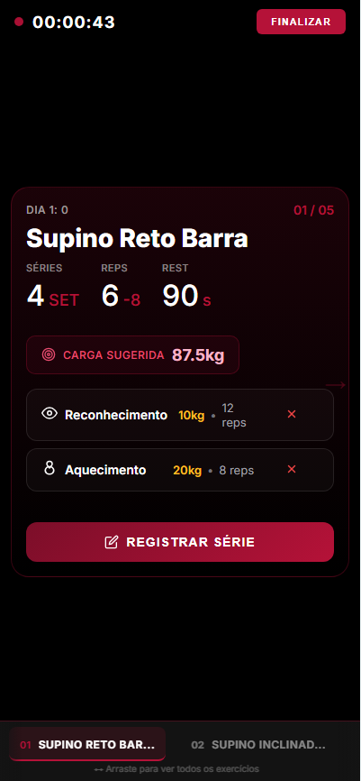 Tela do app do aluno mostrando treino ativo
