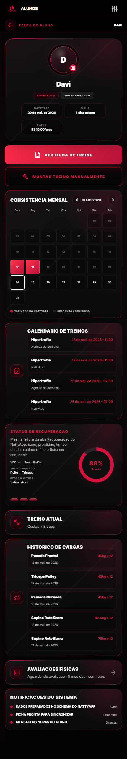 Tela longa do painel do personal no NattyApp