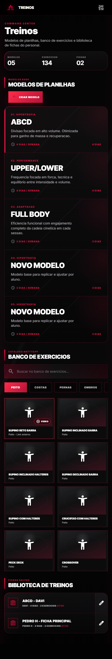 Tela longa do módulo de treinos do NattyApp