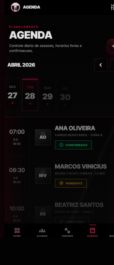 Tela real da agenda do NattyApp Para Personais