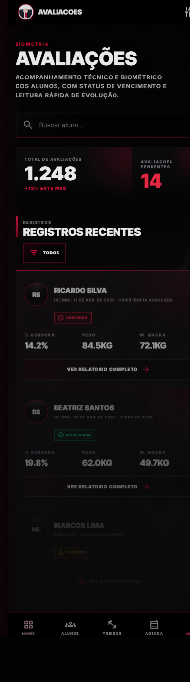 Tela real de avaliações físicas do NattyApp Para Personais
