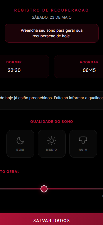 Tela real do app do aluno mostrando recuperação e sono
