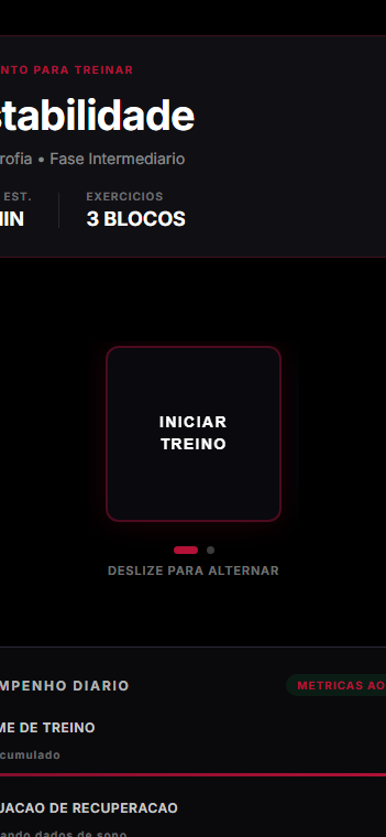 Tela real do app do aluno mostrando treino e métricas